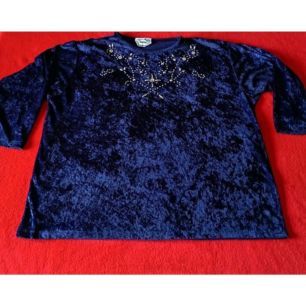Plus Size Beaded Crushed Velvet Shirt  Royal Blue Women 2X Basil Vintage Glam